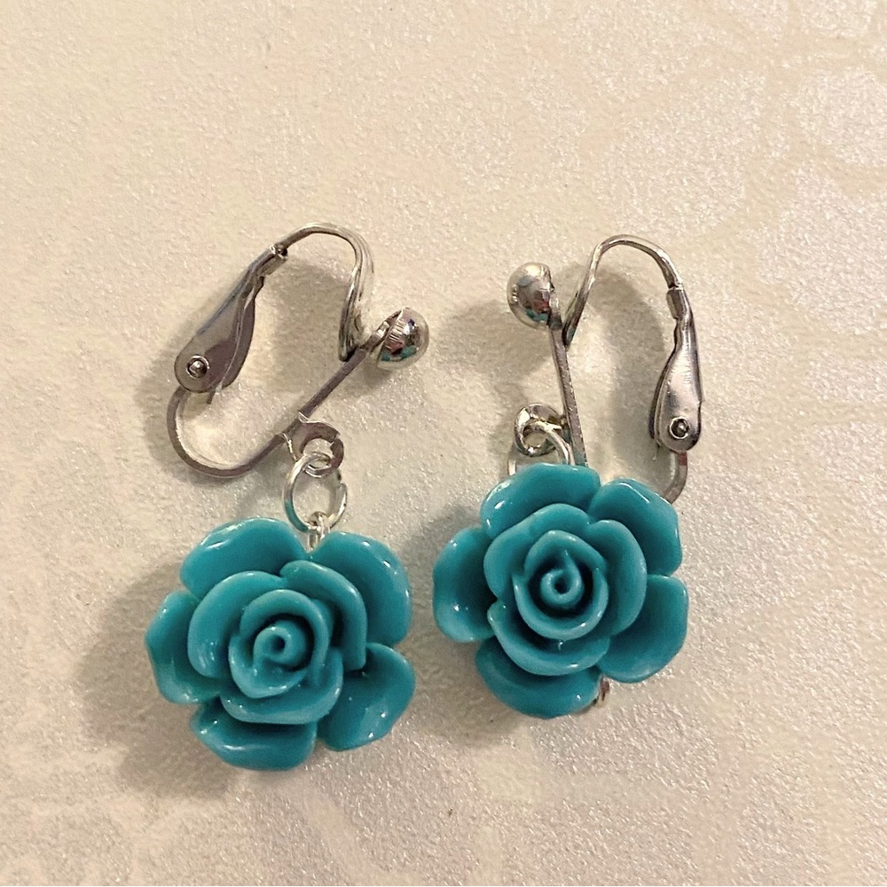 Hand Crafted Turquoise Rose Clip-On Earrings